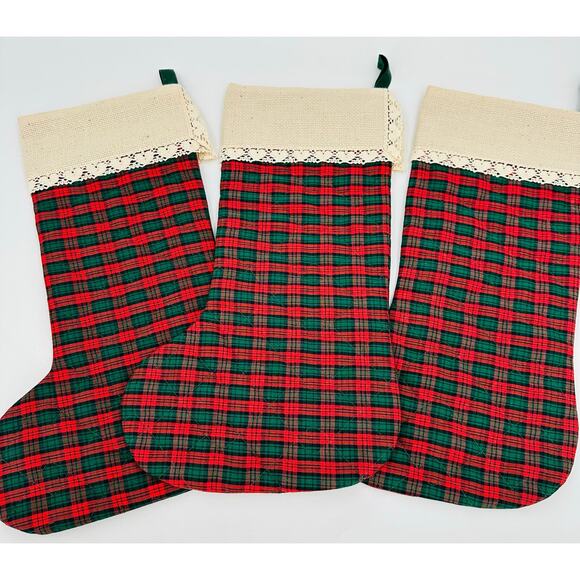 3 Christmas Blank Cross Stitch Quilted Stockings Red Green Plaid w/ Heart Trim - Picture 1 of 4